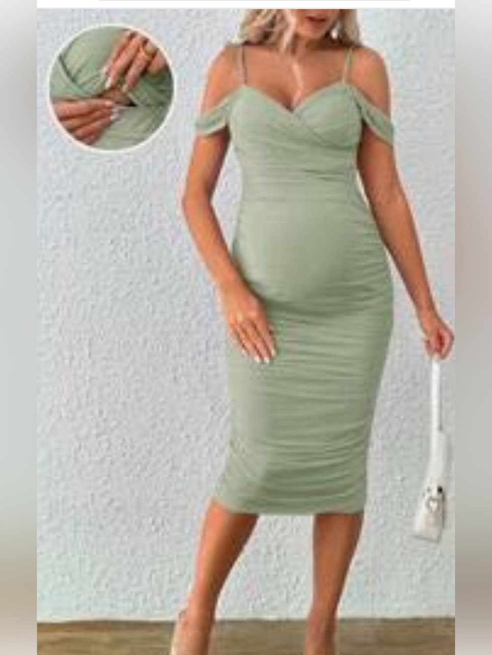 Cold-Shoulder Sage Green Midi Dress with Ruched Body